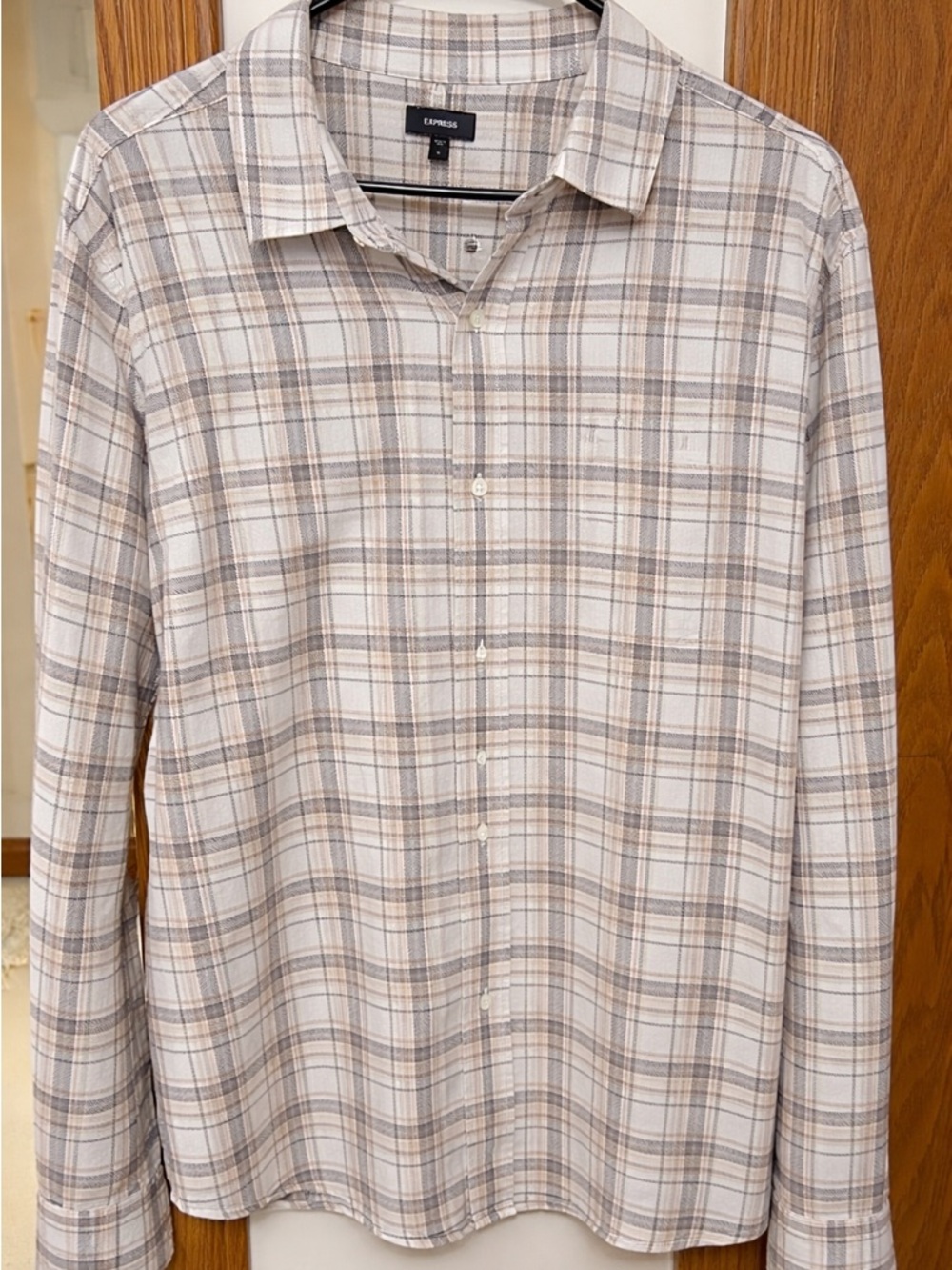 Express Men’s Cream and Tan Plaid Button-Down Shirt